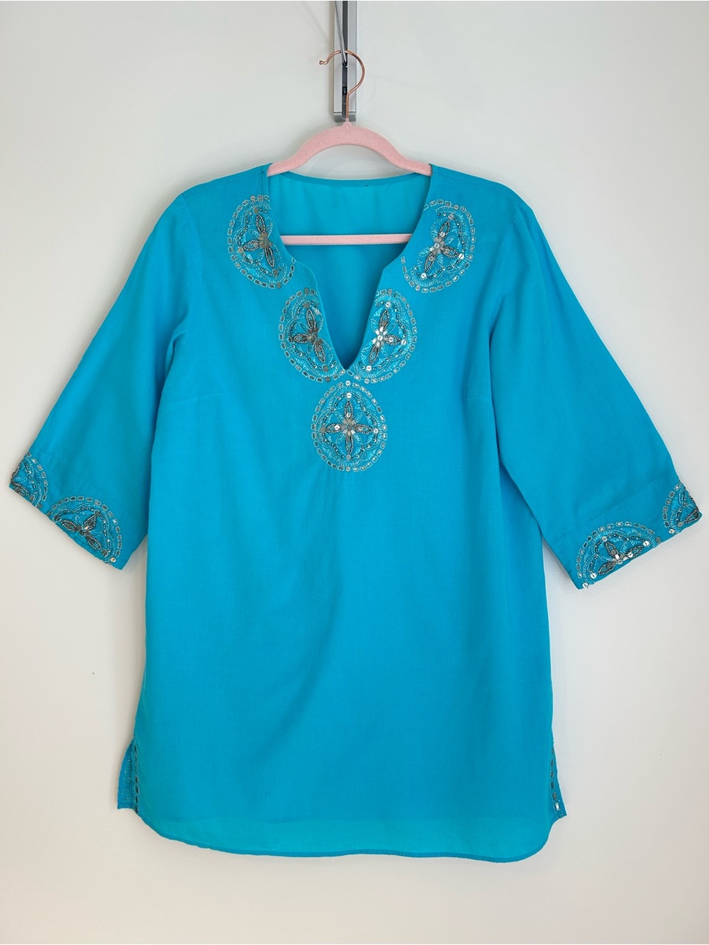 Embellished Turquoise V-Neck Swim Coverup, Size Small